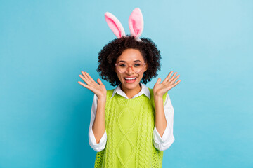 Photo of beautiful female see shopping bargain promotion wear funky funny bunny headband isolated...
