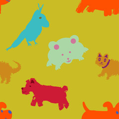 Seamless minimalistic pattern of monochrome animals. Fun vector background. Flat illustration