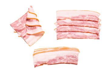 Raw bacon slices isolated on a white background.