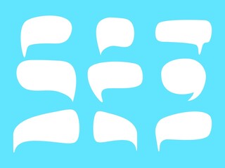 Speech geometric clouds and dialogue bubbles template. White communication forms with empty banner space. Social media and website labels