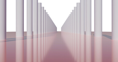 Columns cathedral architecture. 3d rendering. White pillar on pink floor.