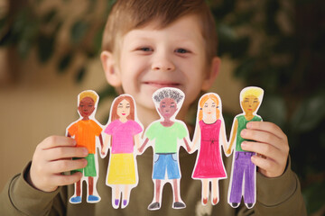 boy holding paper homemade garland of people of different races. Happy international children day