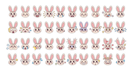 Set of rabbit cartoon avatars with different expressions Vector illustration