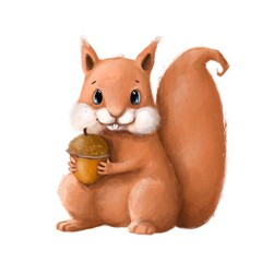 cute squirrel with acorn, animal clipart, watercolor style illustration with cartoon character