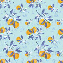 Obraz premium oranges and leaves and flowers seamless pattern, hand drawn botanic wallpaper, colorful background