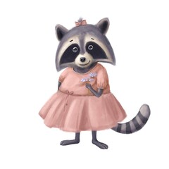 cute raccoon portrait with flowers, watercolor style illustration, funny animal character clipart