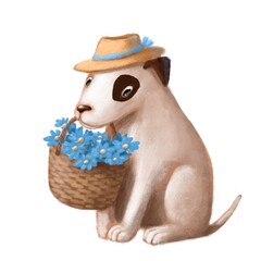 dog with with basket of flowers, watercolor style clipart, animal illustration with cartoon character