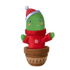 funny winter cactus in warm sweater, holiday cartoon portrait, character design clipart, caricature illustration