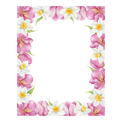 Watercolor hand painted frame. Pink tulip and daffodil flowers. Botanical spring blossom. Floral arrangement. Composition for wedding invitation and card.