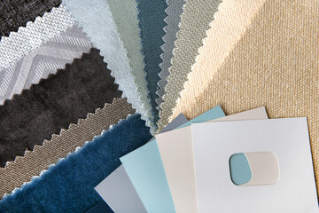 close up of the brown grey blue upholstery fabric texture and color choice for interior