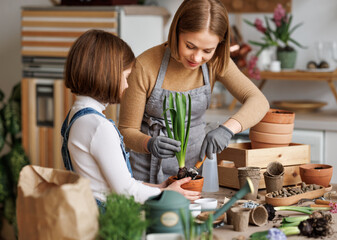 Mom and kid doing home gardening together