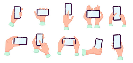 Hands hold and use smartphones, white empty display. People handling with cell phones. Application on touch screen device. Flat vector illustrations isolated on white background