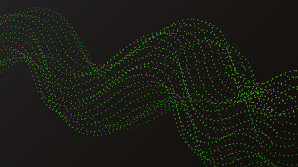 Waveform green dots on a black background. Abstract particle stream. Vector illustration
