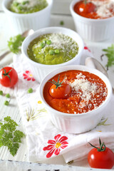 Vegetable appetizer: tomato soufflе and green pea souffle
