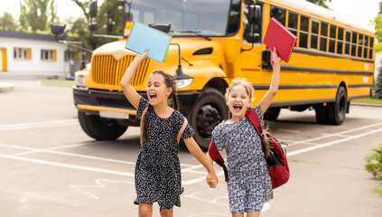 Happy life. Happy smiling friends. Have fun. Happy kids relaxing outdoors. Joyful friends. Sisterhood and friendship. Cheerful schoolgirls on sunny day.
