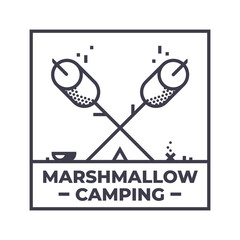 Marshmallows happy camping emblem or icon. Vintage line illustration with tourist tent, marshmallow on a stick. Vector