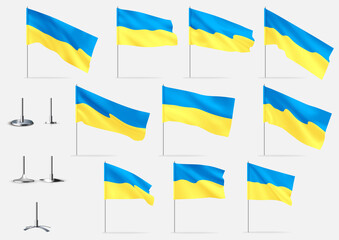 Realistic flags of Ukraine. Yellow and blue waving flags