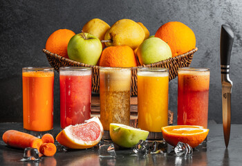  fresh fruit juices in glass cups