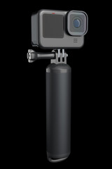 Photo and video lightweight action camera with monopod on black background