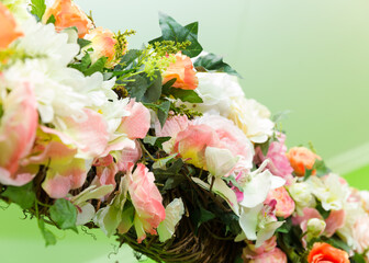 beautiful bright interior of a flower shop in Ukraine with bouquets collected by professional florists