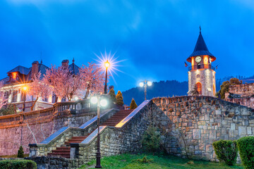 The tower of Stephen the Great and the old town hall in Piatra Neamt, Romania. Turnul lui Stefan...