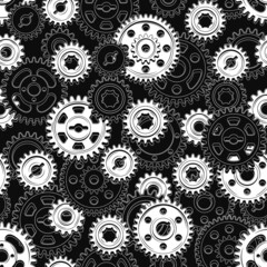 Monochrome seamless mechanical pattern with machine gears on a black background. Dense composition. Steampunk style.