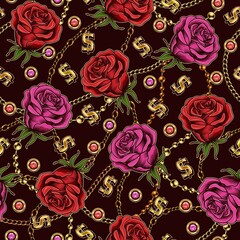 Seamless pattern with red and magenta vintage roses, metal chains, dollar sign, rhinestones on dark background. Vector illustration.