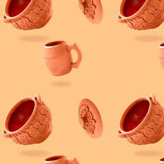 Pattern seamless with earthenware levitating. Cup with pot.