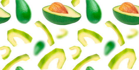 Levitation with avocado. Seamless pattern on a white background.