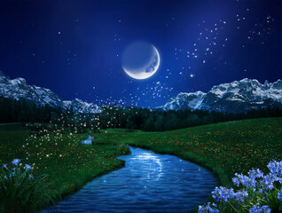 Fantasy moon and landscape at night and beautiful river - 494306177