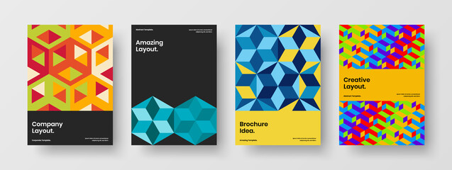 Obraz premium Unique geometric hexagons brochure concept set. Abstract catalog cover A4 design vector illustration composition.