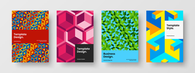 Fototapeta premium Bright geometric hexagons corporate brochure concept composition. Colorful banner A4 vector design template collection.