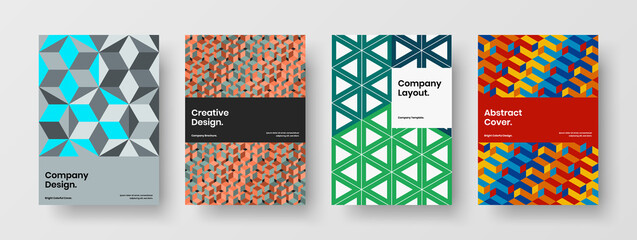 Multicolored book cover A4 vector design concept set. Isolated mosaic hexagons company identity layout composition.