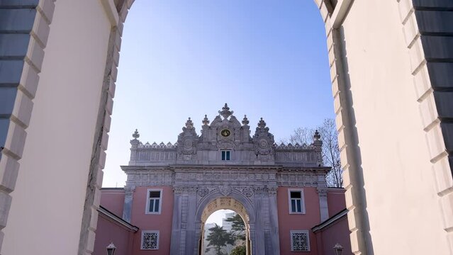 Istanbul, Turkey - December 2021: Enterance gate of Dolmabahce Palace architectural details. Dolmabahce Palace served as the main administrative center of the Ottoman Empire