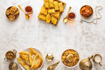 Traditional Eastern dishes on grunge background