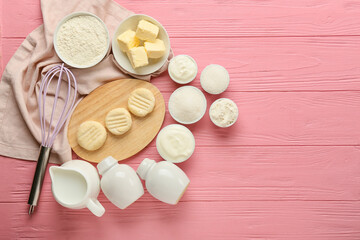 Composition with raw lazy dumplings and ingredients on pink wooden background