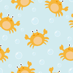 Fototapeta na wymiar Cute seamless pattern with crab and water bubbles. Summer texture on blue background. Childish vector illustration.