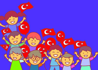 23 April children's day. Illustration of children with flags in their hands.
