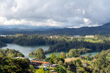 Panorama of the lake and the islands of Guatape, Colombia.