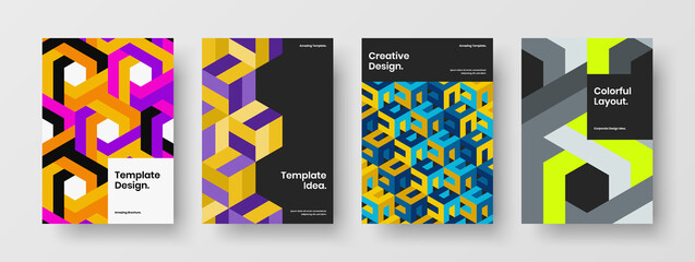 Fototapeta premium Unique placard design vector template set. Amazing geometric hexagons corporate cover concept collection.