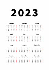 2023 year simple vertical calendar in english language, typographic calendar isolated on white