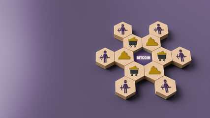 Obraz premium mining network concept and the message BITCOIN with interconnected hexagons and mining symbols on colorful background