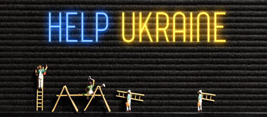 neon message HELP UKRAINE and little toy figures on a black message board background
