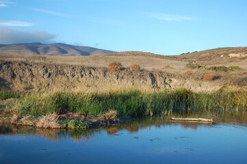 The beautiful wilderness scenery of  the riparian landscape and the Santa Ynez Mountains, at Jalama Beach County Park, Lompoc, Santa Barbara County, California.