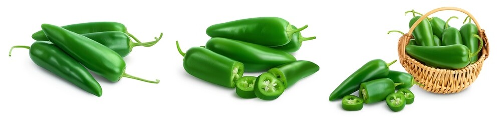 jalapeno peppers isolated on white background. Green chili pepper with clipping path and full depth of field. Set or collection