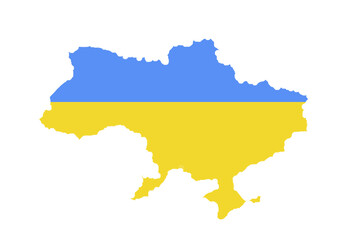 Ukraine map painted in blue-yellow colors of the country flag on a white isolated background