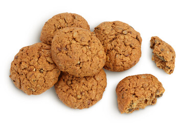 oatmeal cookies with flax, pumpkin and sunflower seeds isolated on white background with clipping path and full depth of field. Top view. Flat lay