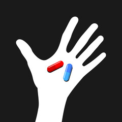 Human hand and palm is holding red and blue pill. Metaphor of decision and choice between true truth and ignorance and illusion.  Vector illustration.
