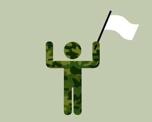 Surrender - soldier, warrior and combatant is giving up, surrendering and capitulating after being defeated. Man in khaki green is holding white flag. Vector illustration isolated on plain background.