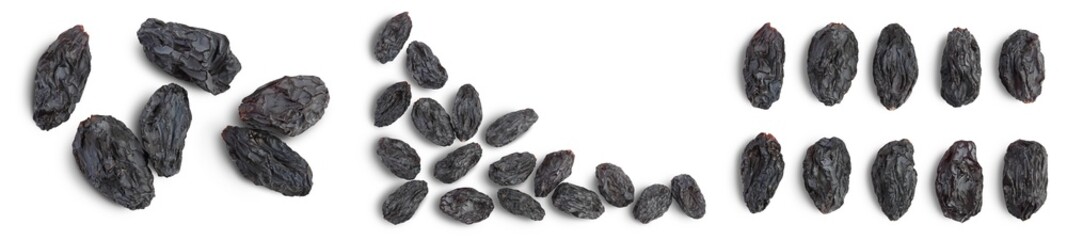 Black raisin isolated on white background with clipping path. Top view. Flat lay, Set or collection